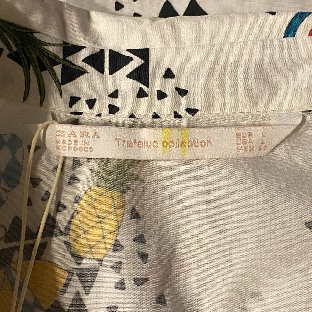 NWT ZARA Trafaluc Collection Sz L Blouse Button Up Cap Sleeve White/Multi Fruits - Picture 6 of 11